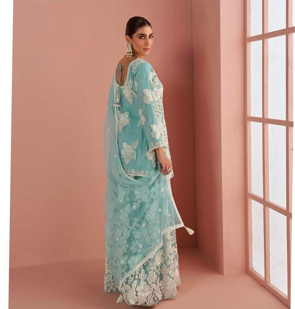 Ethereal Aqua - Embroidered Net Palazzo Suit
