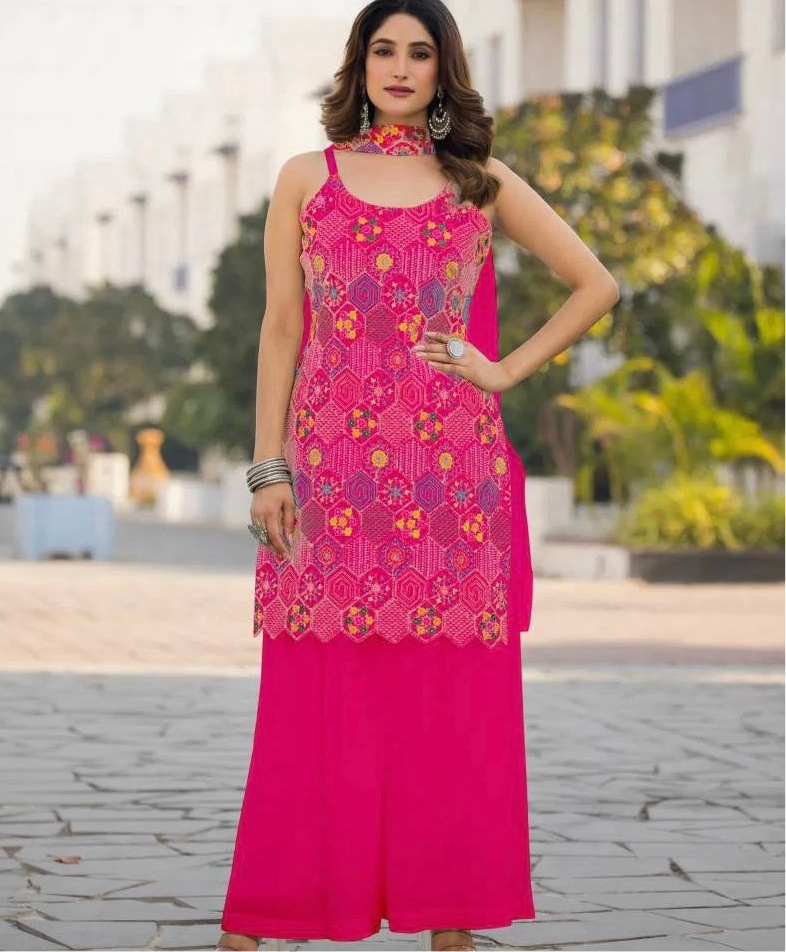 Opulent Ensemble - Embroidered Chinon Silk Suit