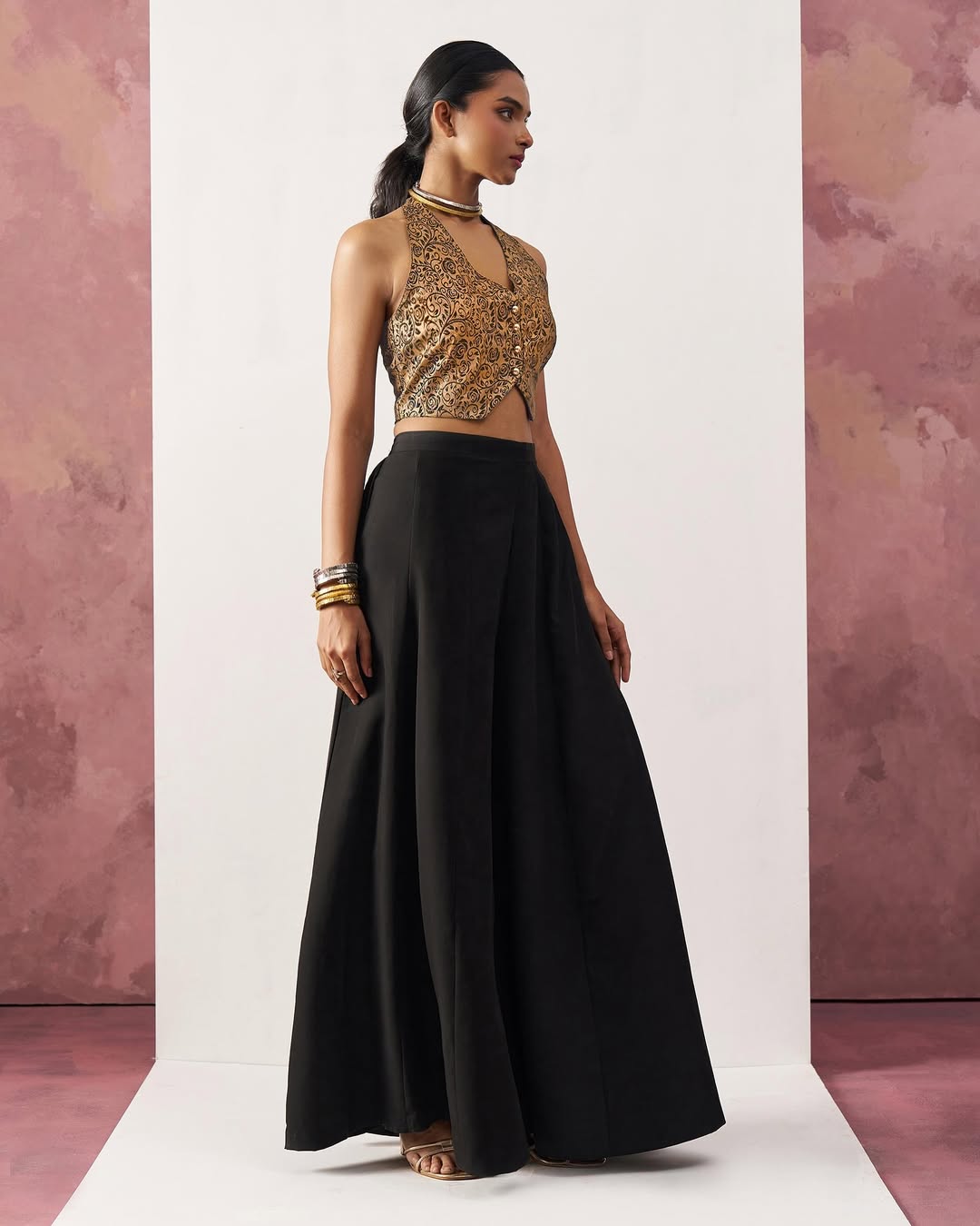Regal Bloom - Brocade Halter Crop Top with Palazzo
