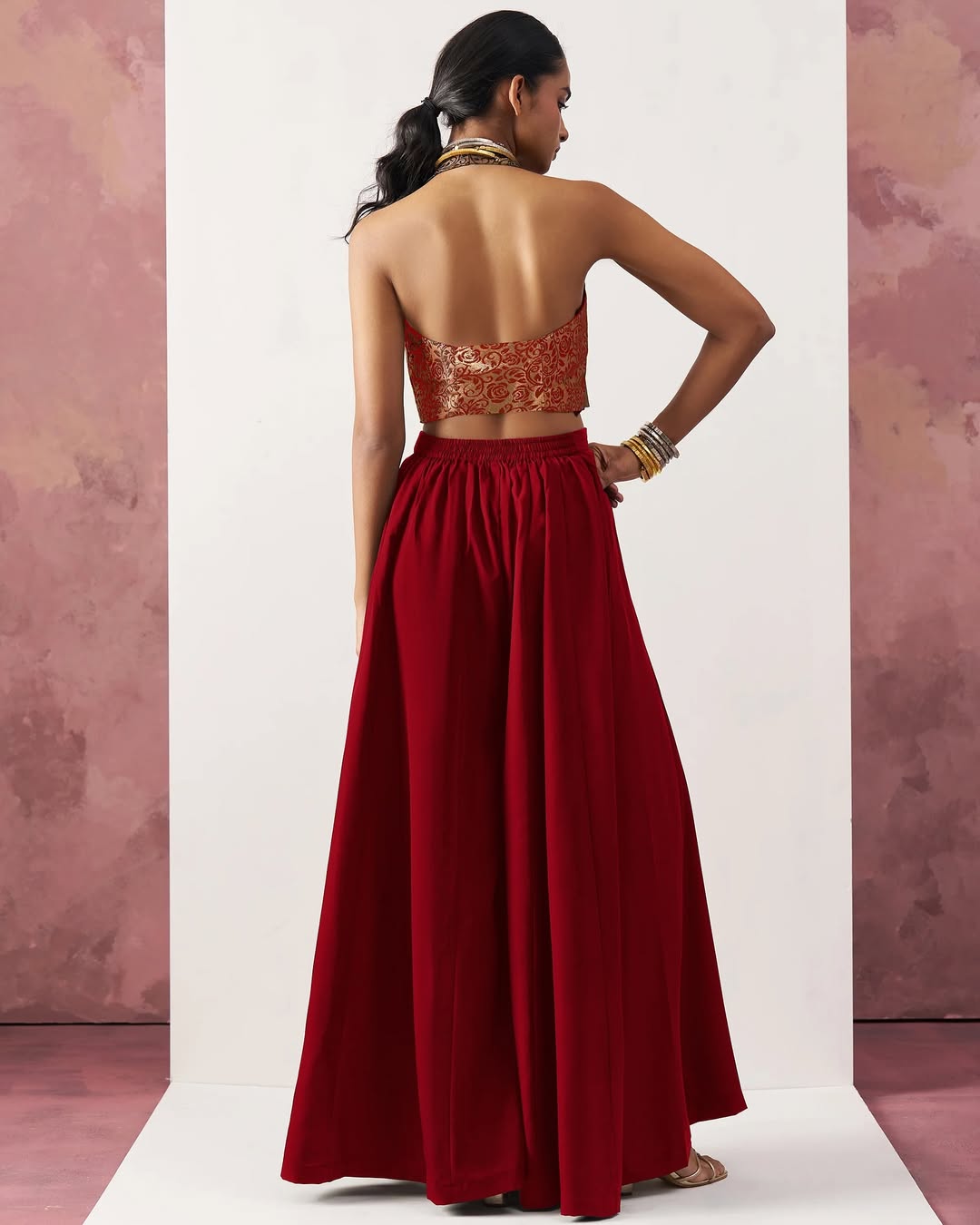 Regal Bloom - Brocade Halter Crop Top with Palazzo