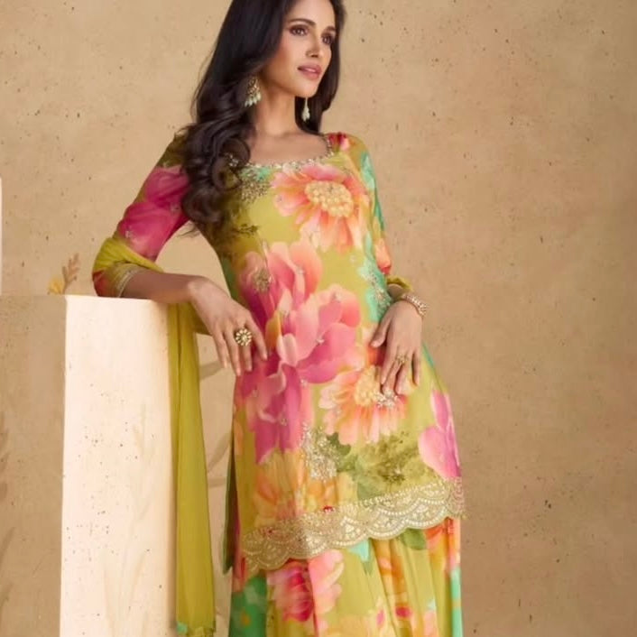 Floral Whisper - Chinon Silk Sharara Suit
