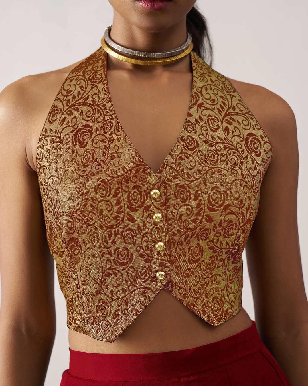 Regal Bloom - Brocade Halter Crop Top with Palazzo