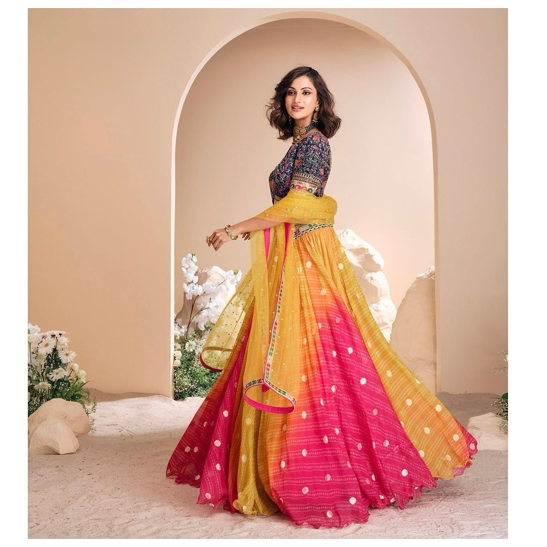 Ombre Fusion - Multicolor Viscose Jacquard Silk Lehenga