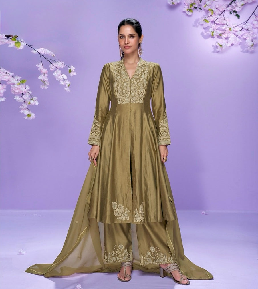 Golden Olive Elegance – Roman Silk Embroidered Anarkali Suit