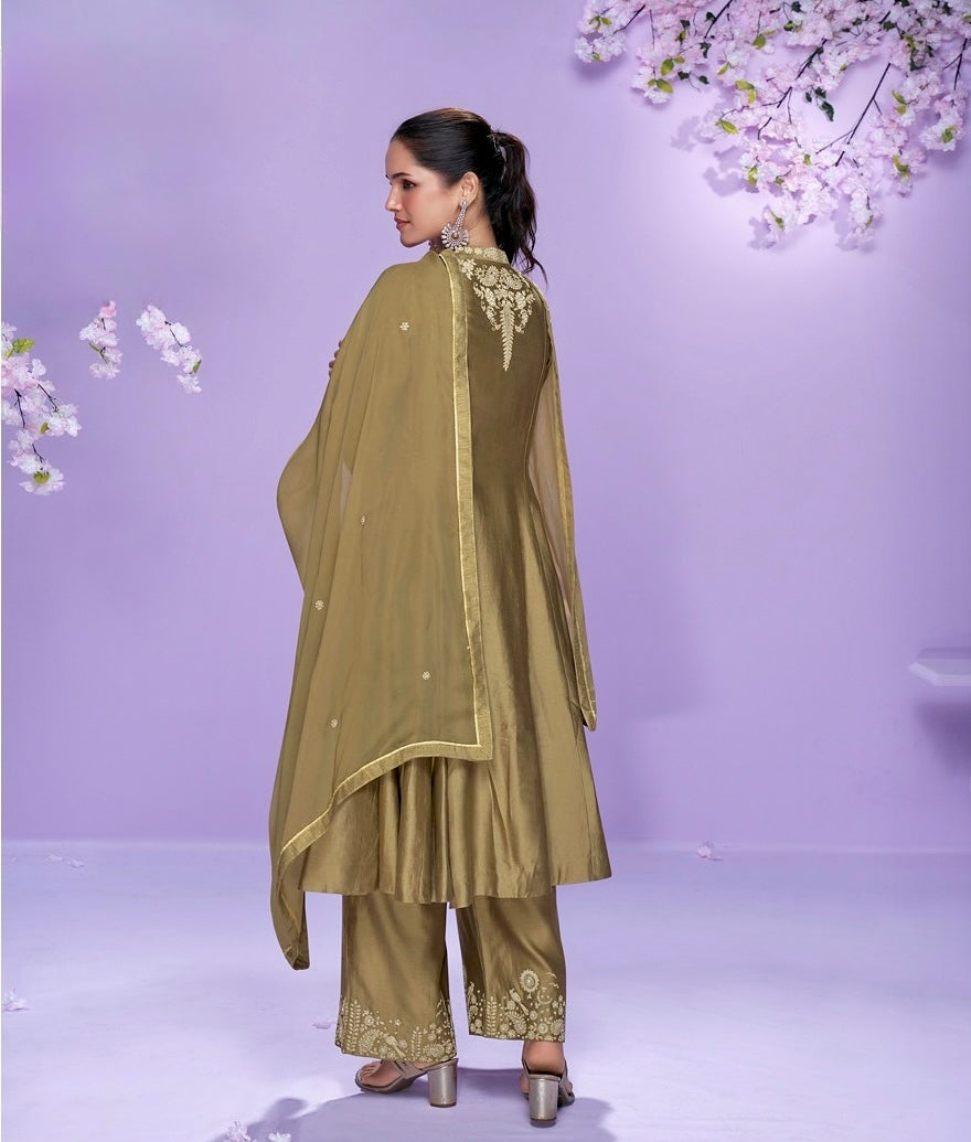 Golden Olive Elegance – Roman Silk Embroidered Anarkali Suit
