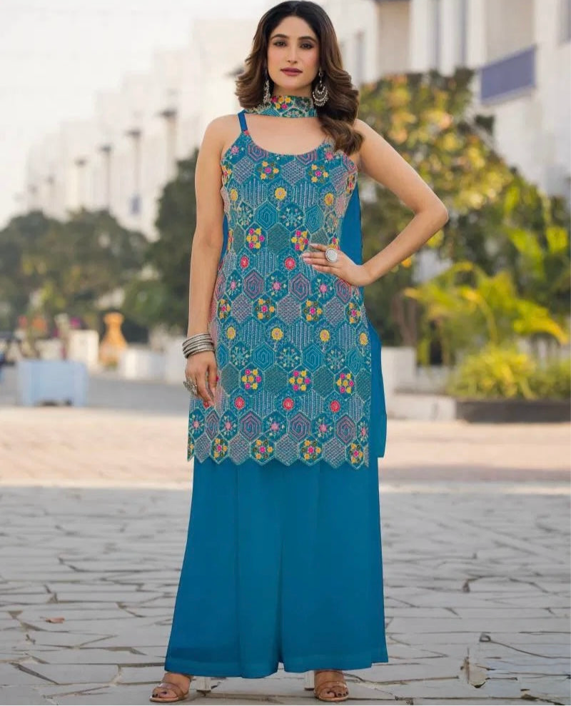 Opulent Ensemble - Embroidered Chinon Silk Suit