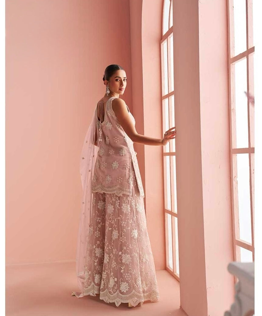 Rose Mist – Embroidered Net Palazzo Suit