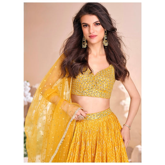 Sunlit Radiance – Yellow Viscose Jacquard Silk Lehenga