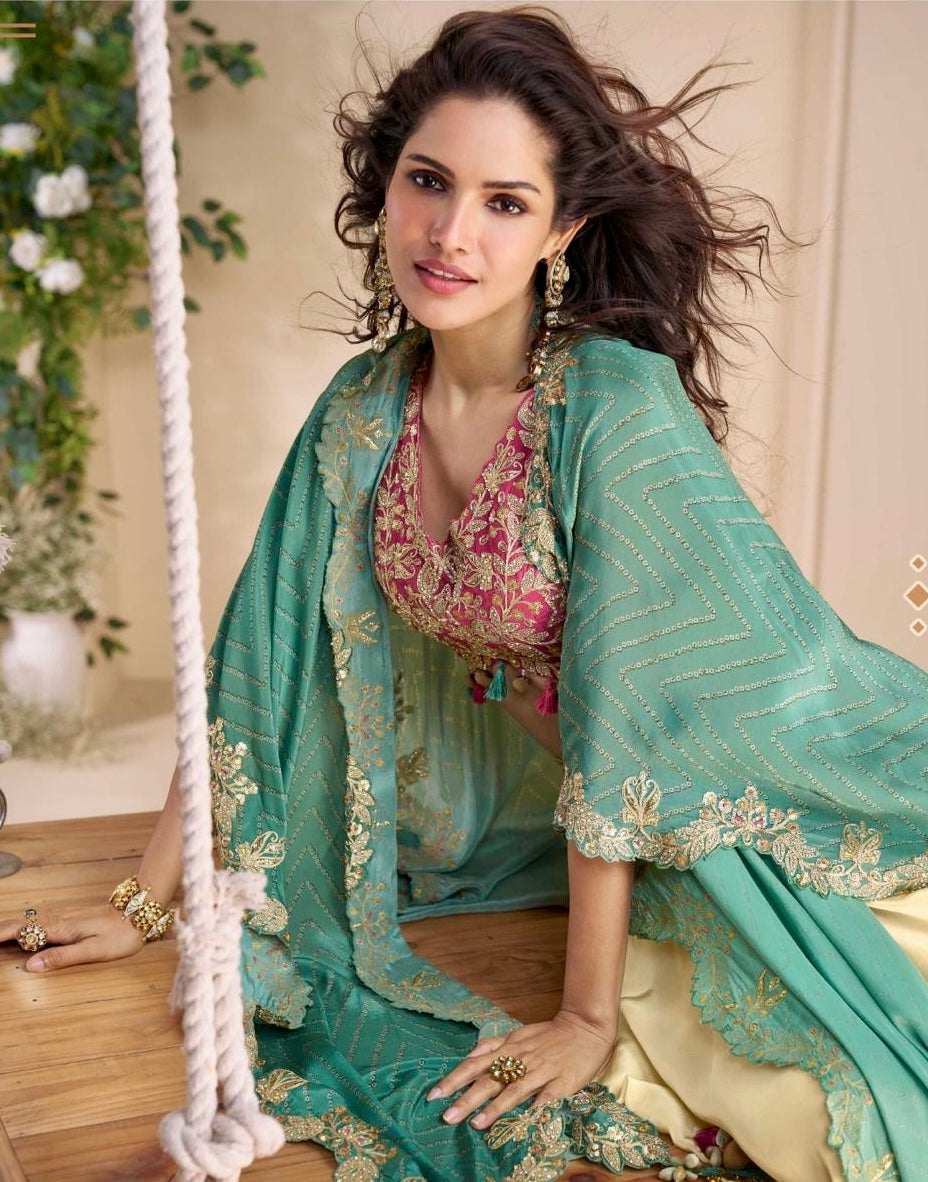 Timeless Charm - Embroidered Chinon Silk Indo-Western Co-ord Set with Cape & Drape Skirt