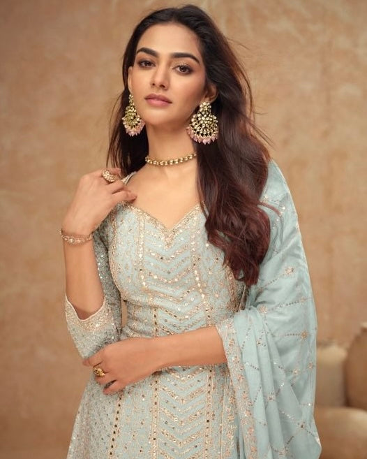 Gulnaz - Pastel Chinon Sparkle Sharara Suit