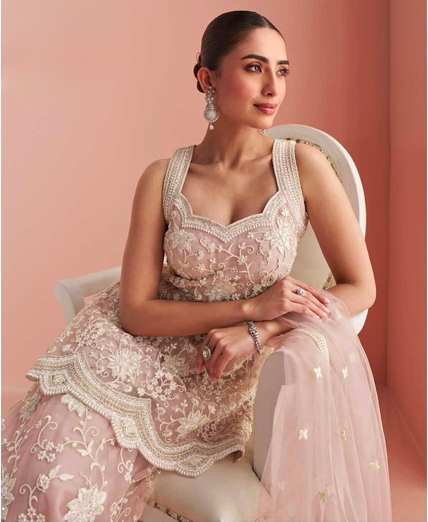 Rose Mist – Embroidered Net Palazzo Suit