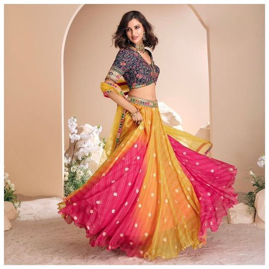 Ombre Fusion - Multicolor Viscose Jacquard Silk Lehenga