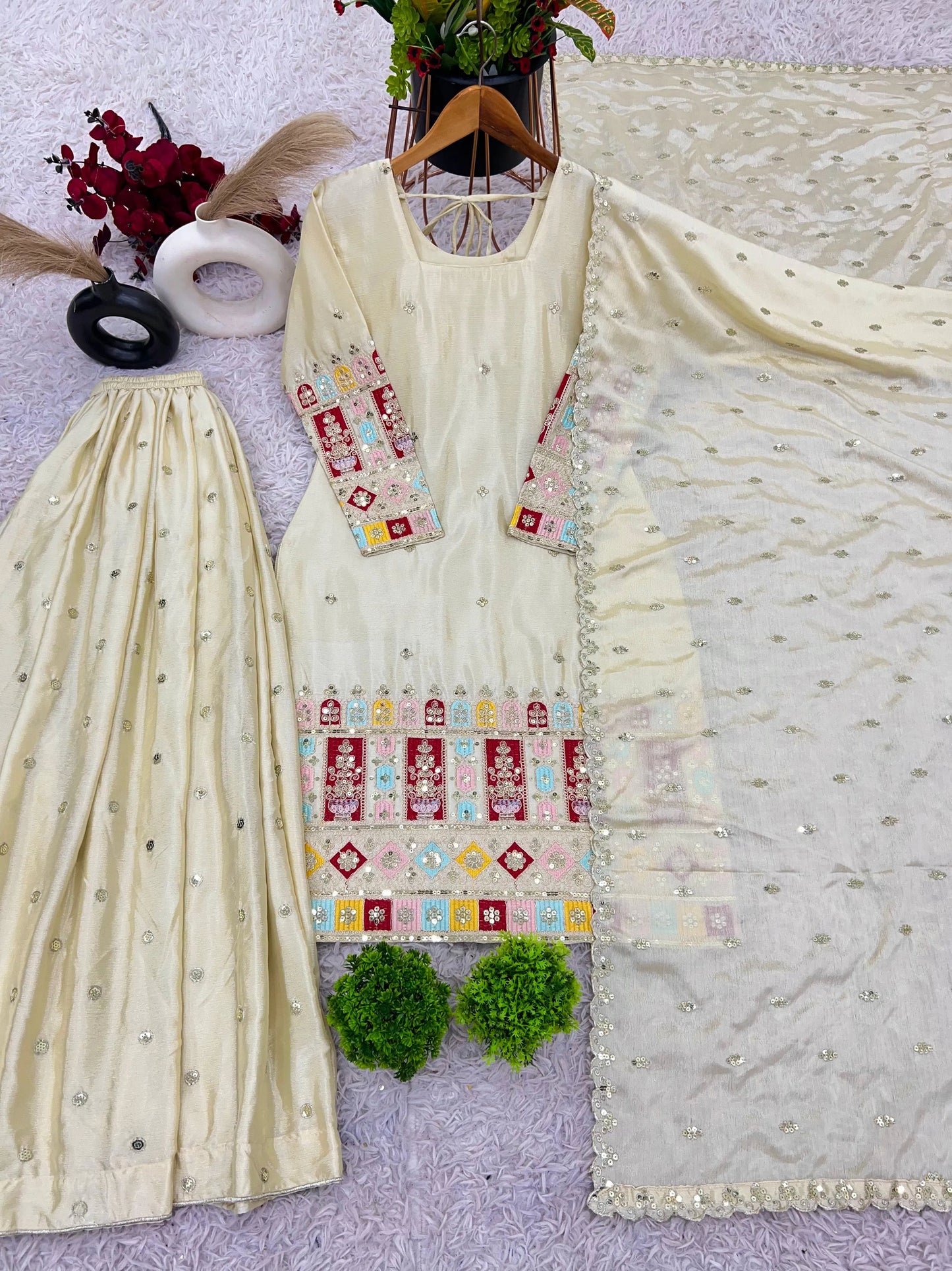 Heer Elegance - Hand Embroidered Suit in Cream Gold