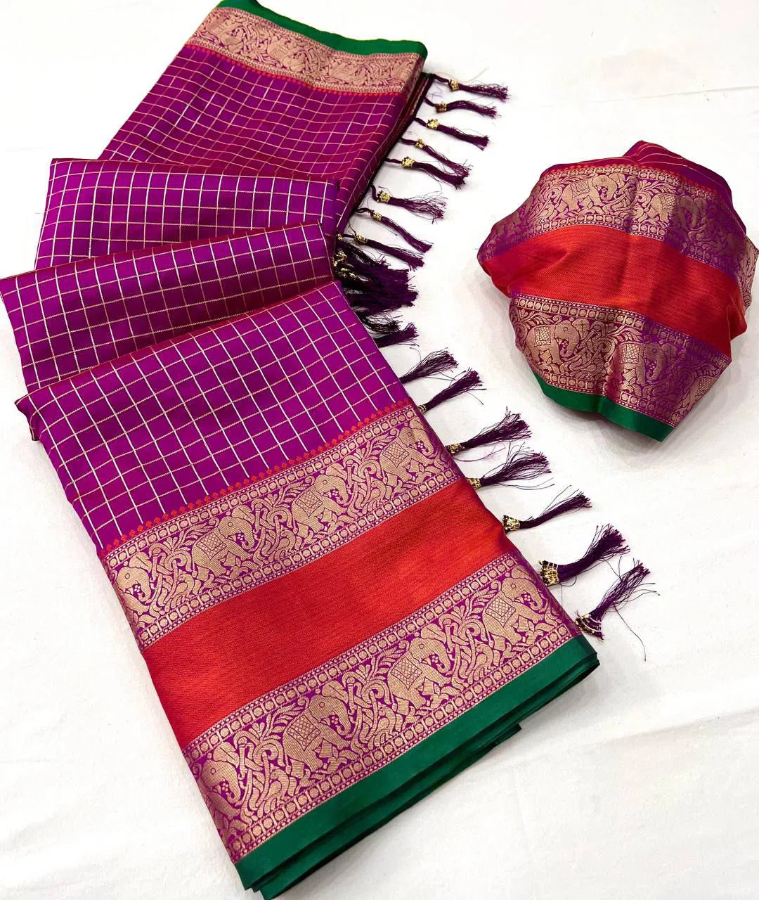 Vaanika - Luxe Soft Kanjivaram Saree with Chequered Zari and Regal Borders