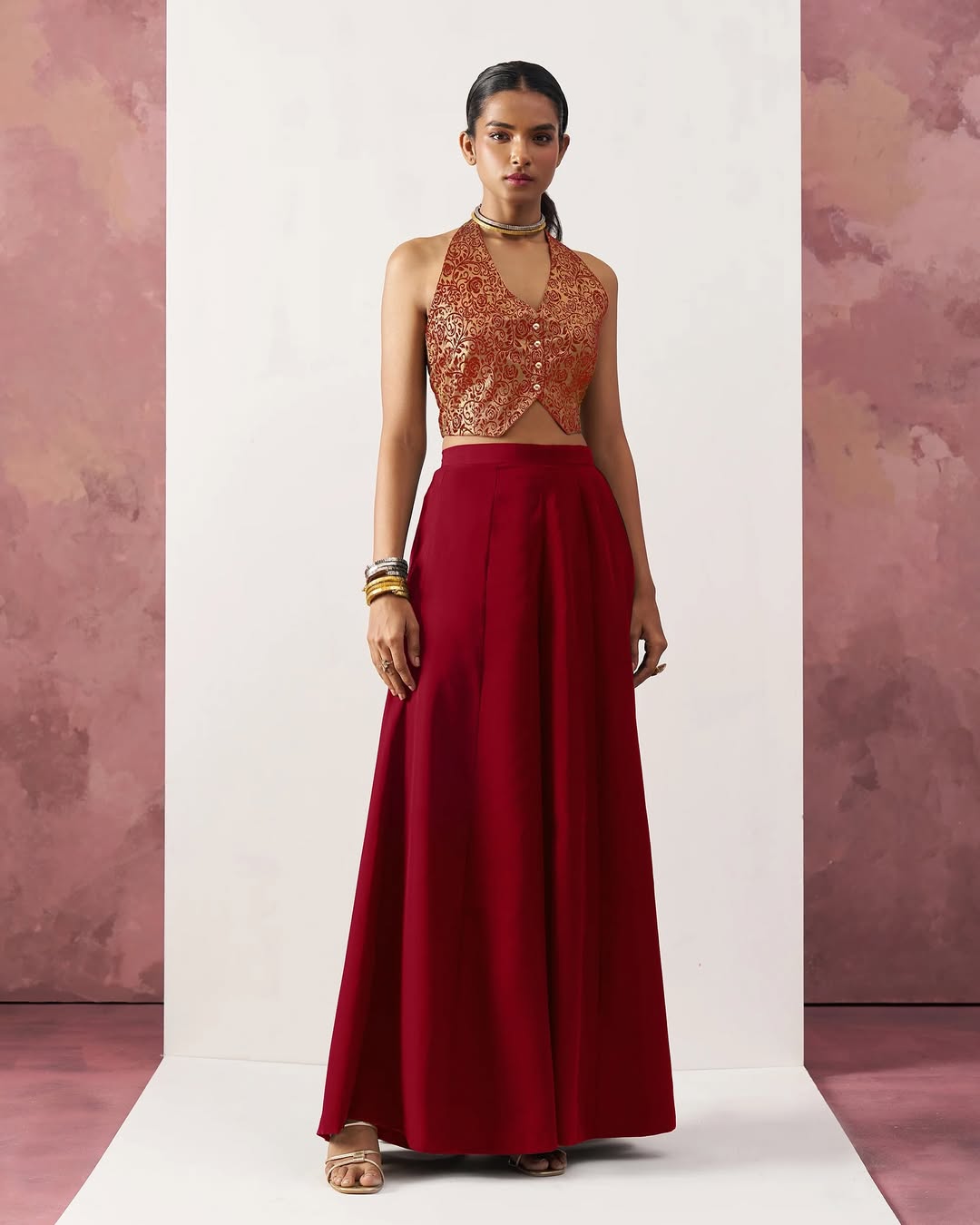 Regal Bloom - Brocade Halter Crop Top with Palazzo