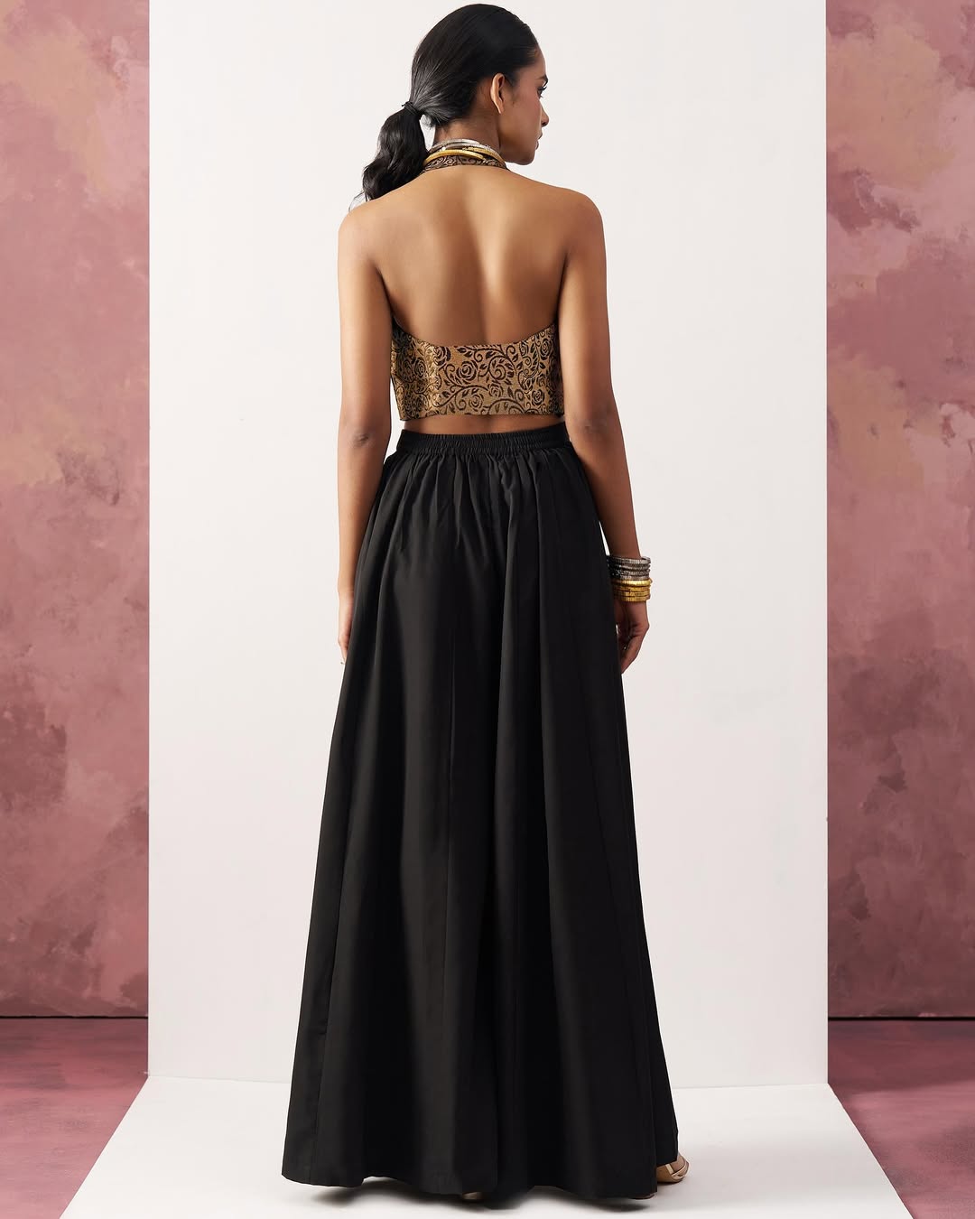 Regal Bloom - Brocade Halter Crop Top with Palazzo