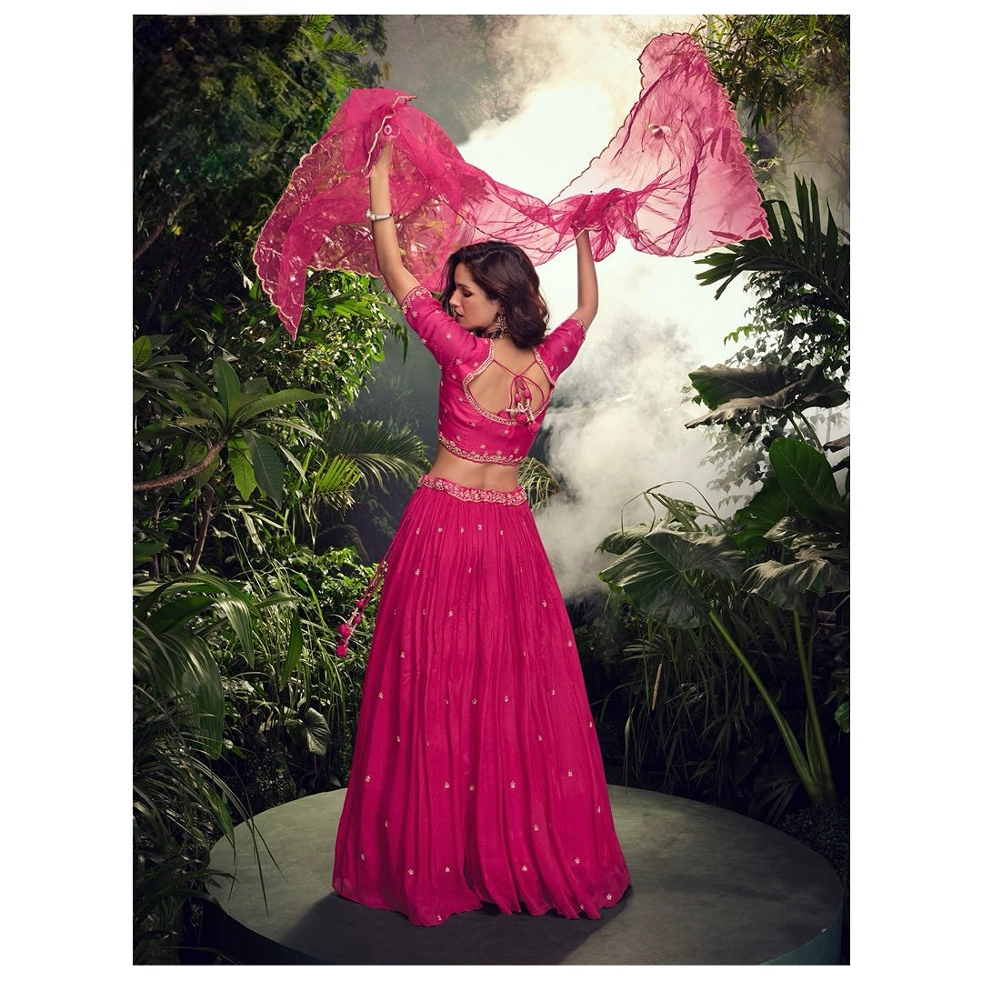 Fuchsia Bloom – Chinon Silk Embroidered Lehenga