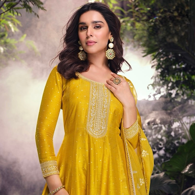 Mustard Muse - Pure Viscose Jacquard Silk Embroidered Suit