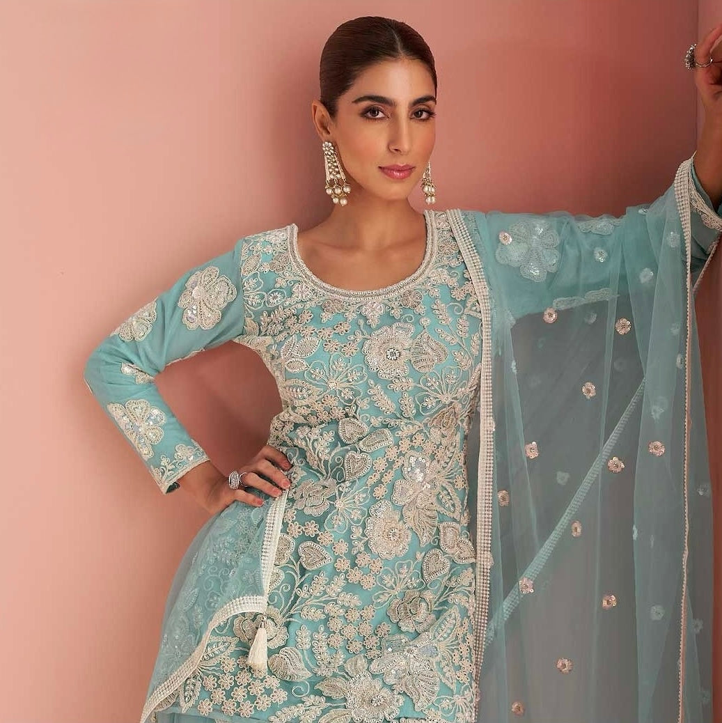 Ethereal Aqua - Embroidered Net Palazzo Suit
