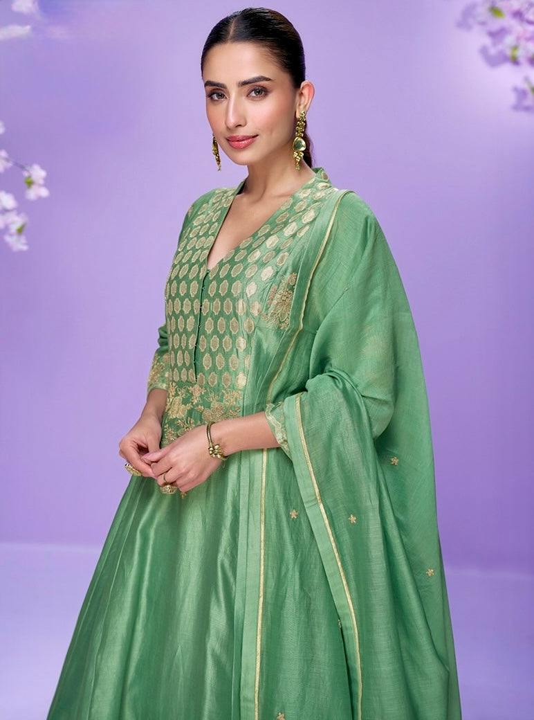 Jade Whisper Elegance – Roman Silk Embroidered Anarkali Suit