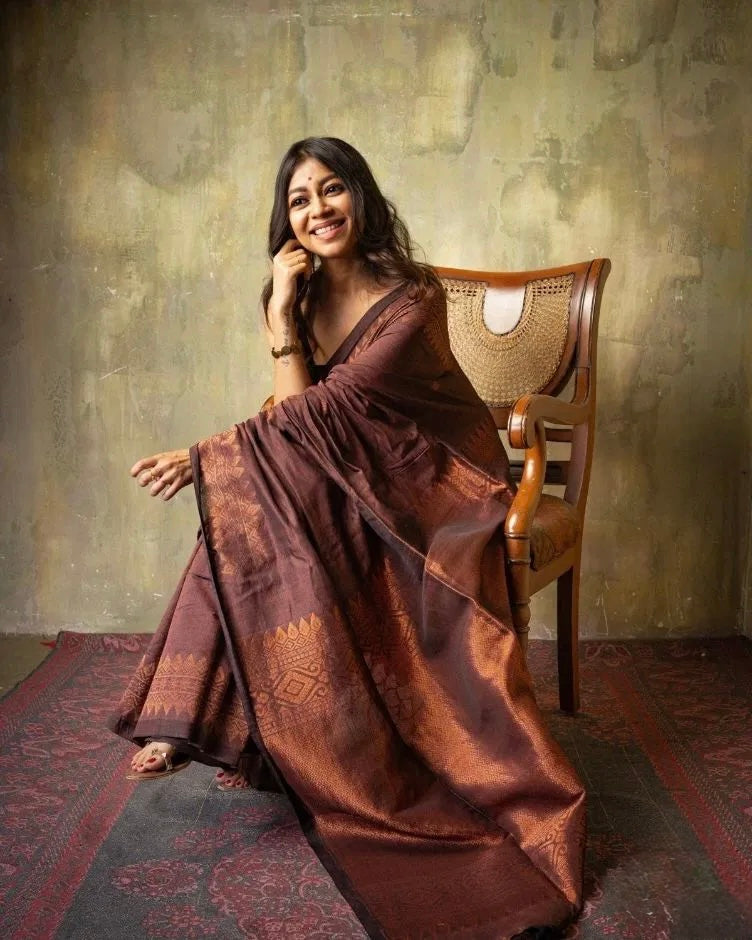 Bhoomi Zari - Handwoven Soft Silk in Copper and Clay