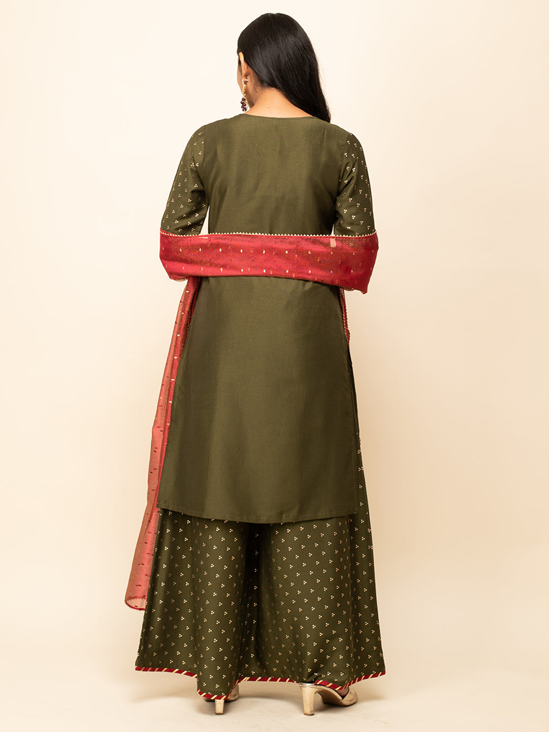 Radiant Olive Charm – Silk Blend Kurta Set with Palazzo & Crimson Organza Dupatta