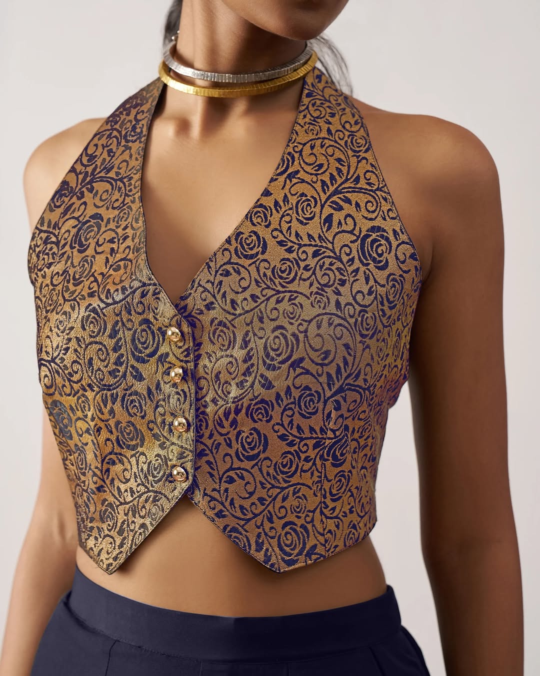 Regal Bloom - Brocade Halter Crop Top with Palazzo