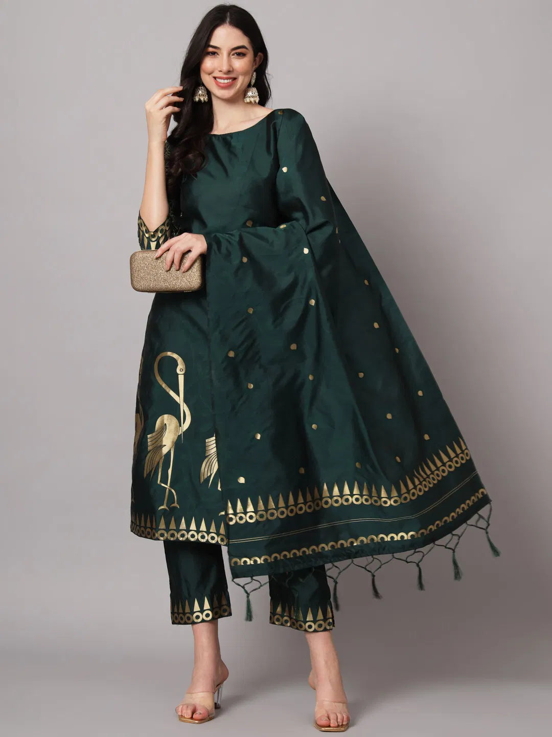 Zari Zest – Festive Silk Suit with Bird Motifs & Jacquard Sleeves