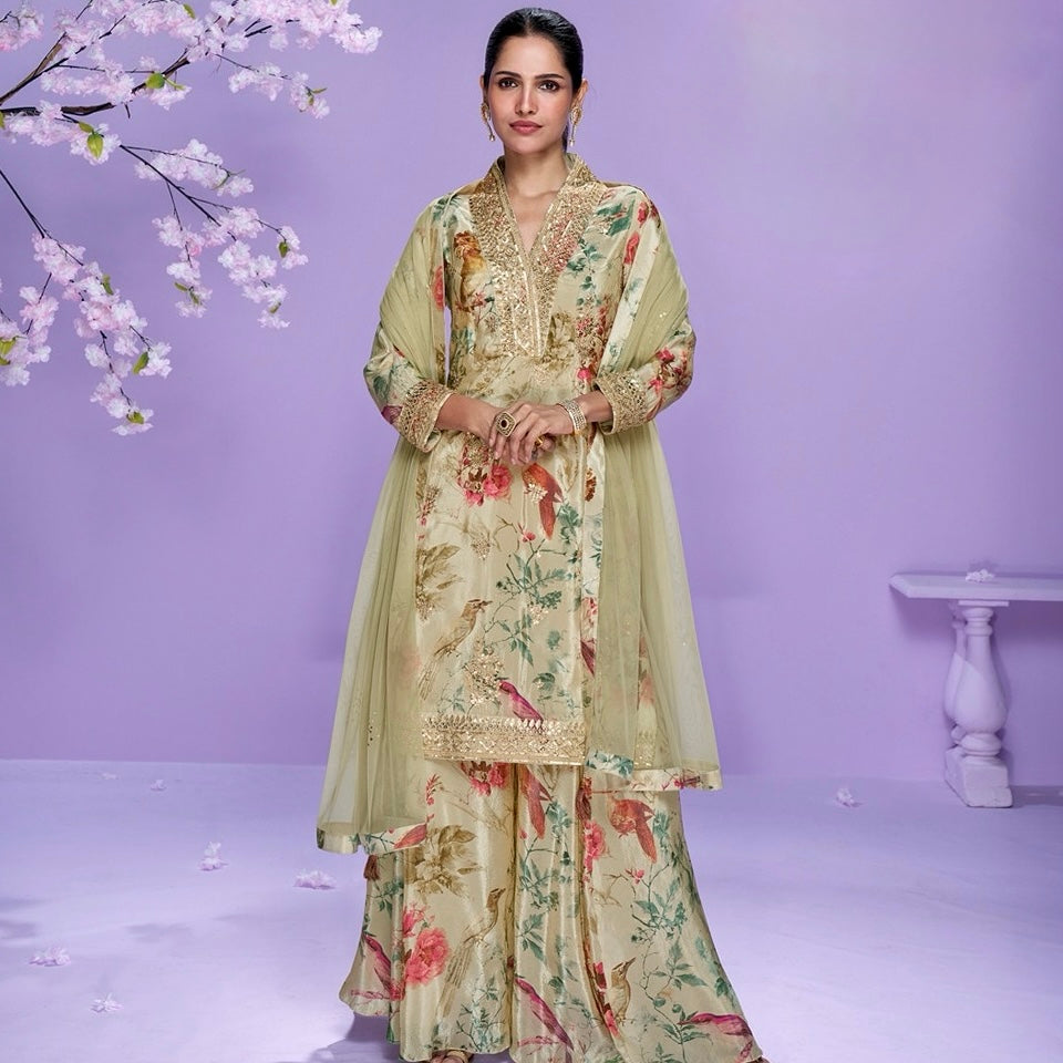 Golden Aura – Chinon Silk Floral Designer Suit