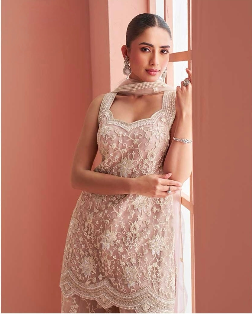 Rose Mist – Embroidered Net Palazzo Suit