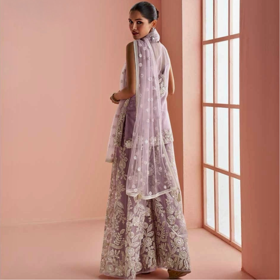 Ethereal Elegance – Lavender Net Embroidered Palazzo Suit ok