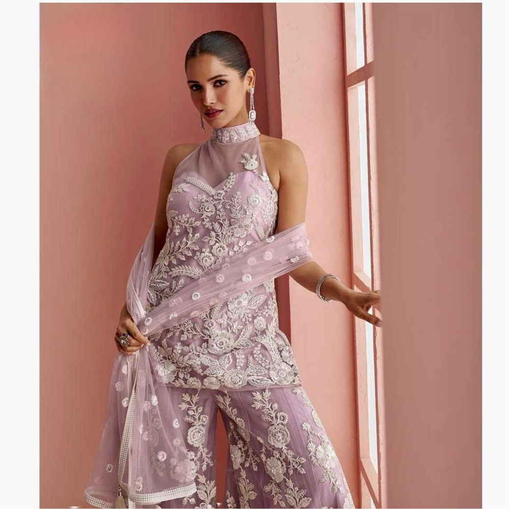 Ethereal Elegance – Lavender Net Embroidered Palazzo Suit ok