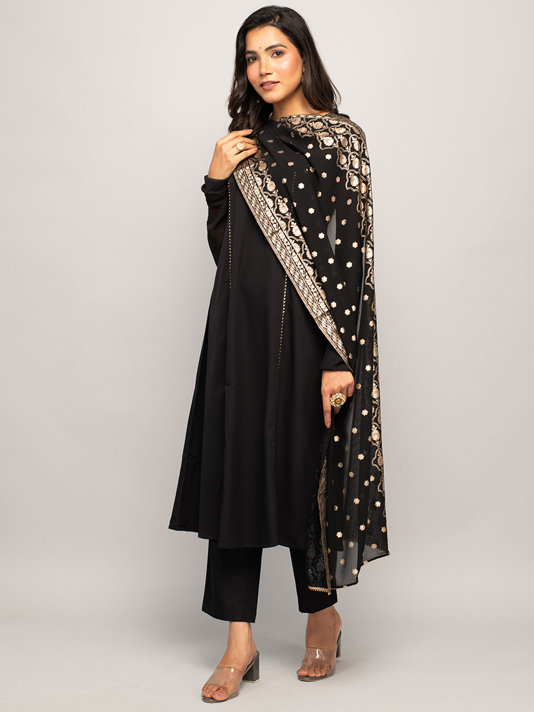 Midnight Elegance - Black Crepe Kurta Set with Golden Zari Dupatta