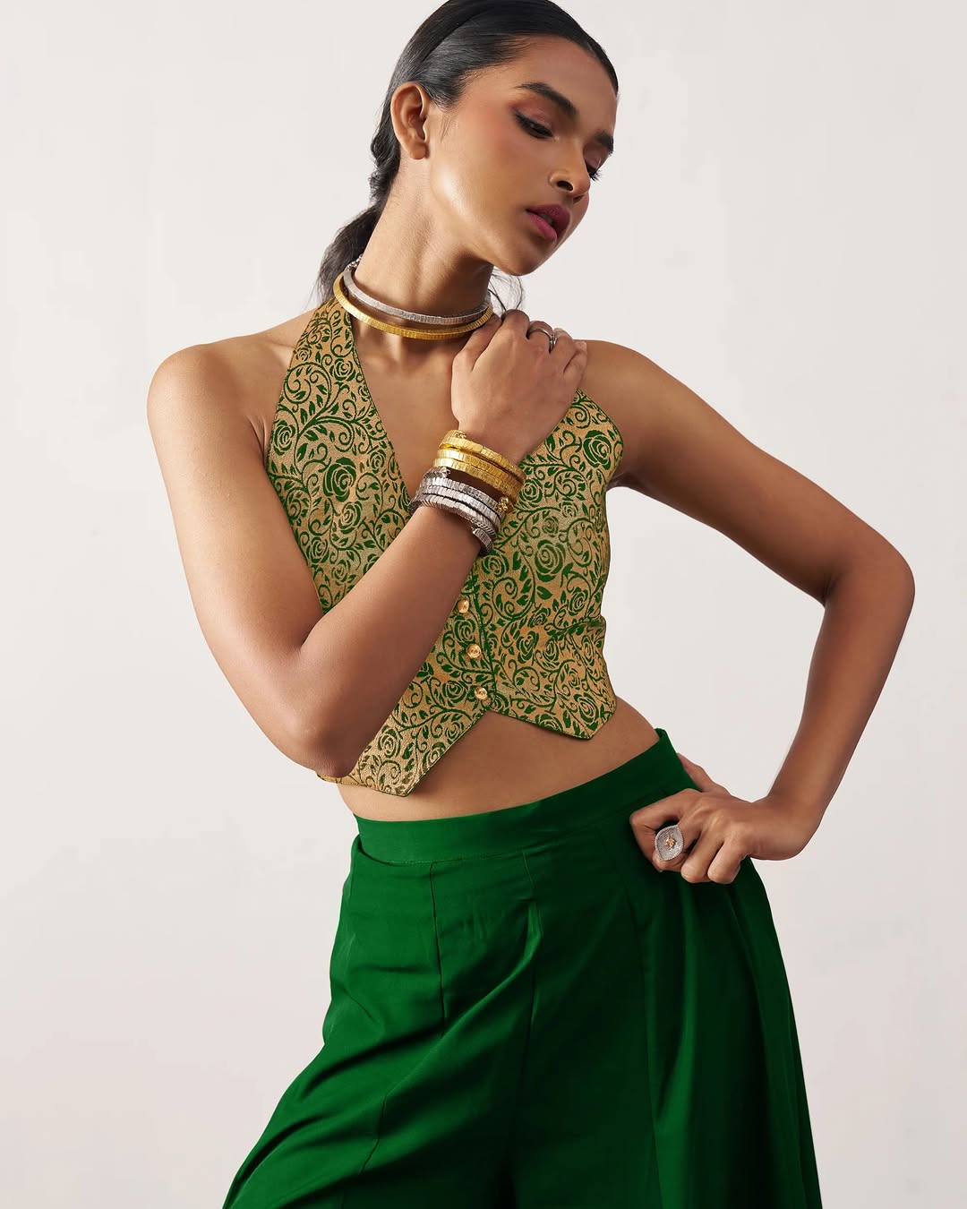 Regal Bloom - Brocade Halter Crop Top with Palazzo