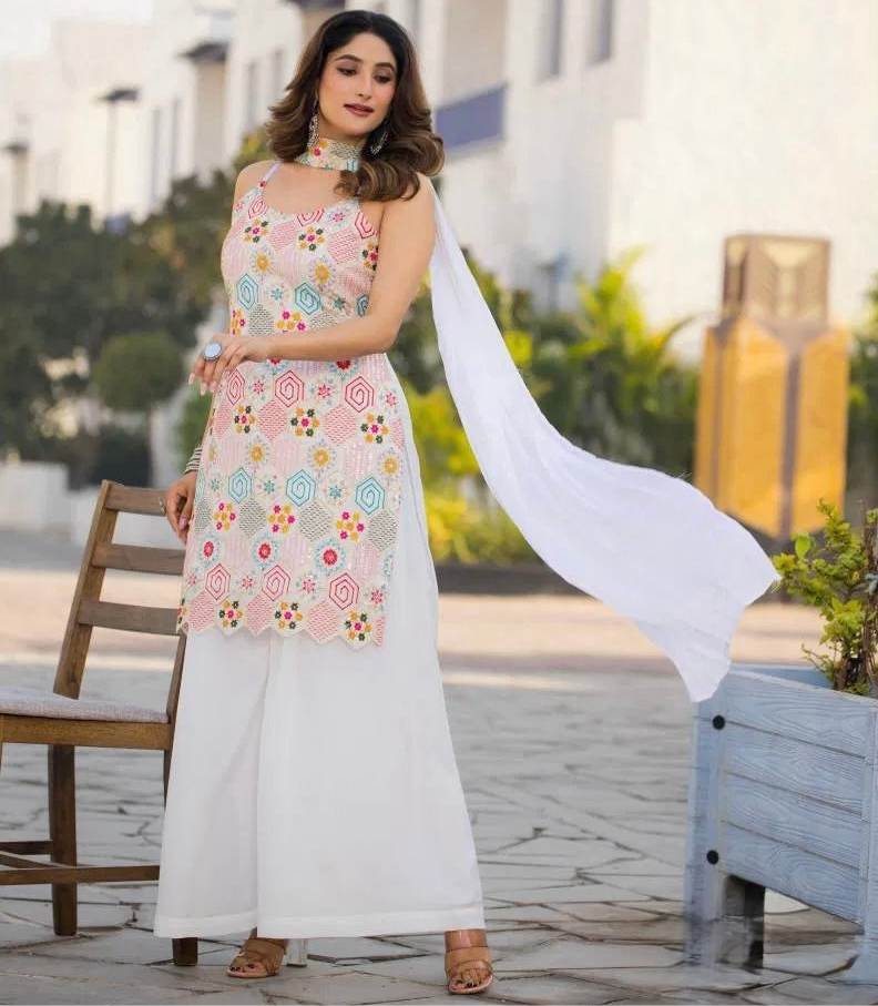 Opulent Ensemble - Embroidered Chinon Silk Suit