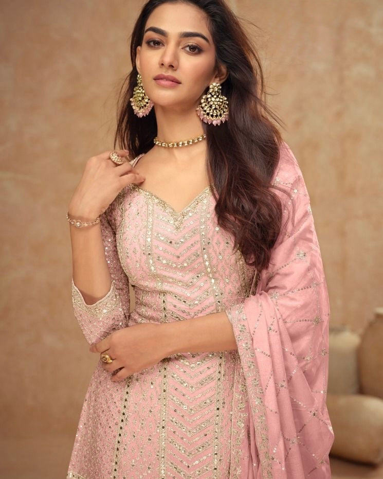 Gulnaz - Pastel Chinon Sparkle Sharara Suit