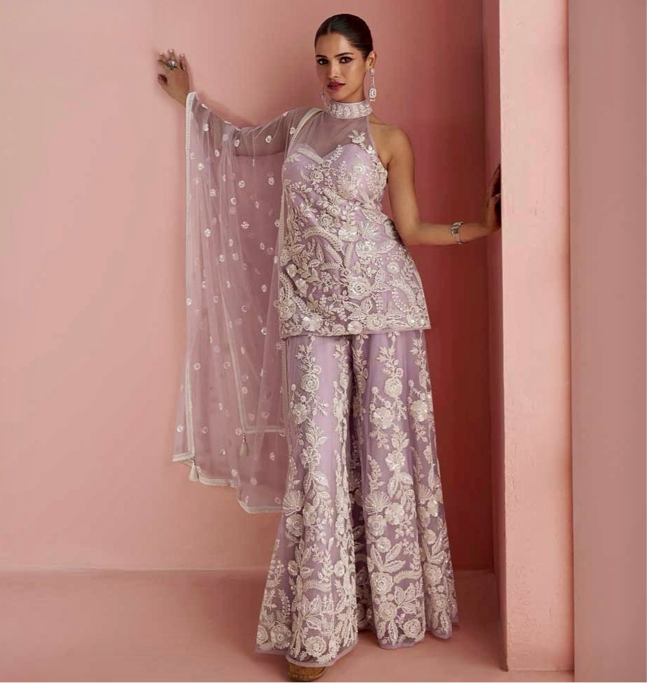Ethereal Elegance – Lavender Net Embroidered Palazzo Suit ok