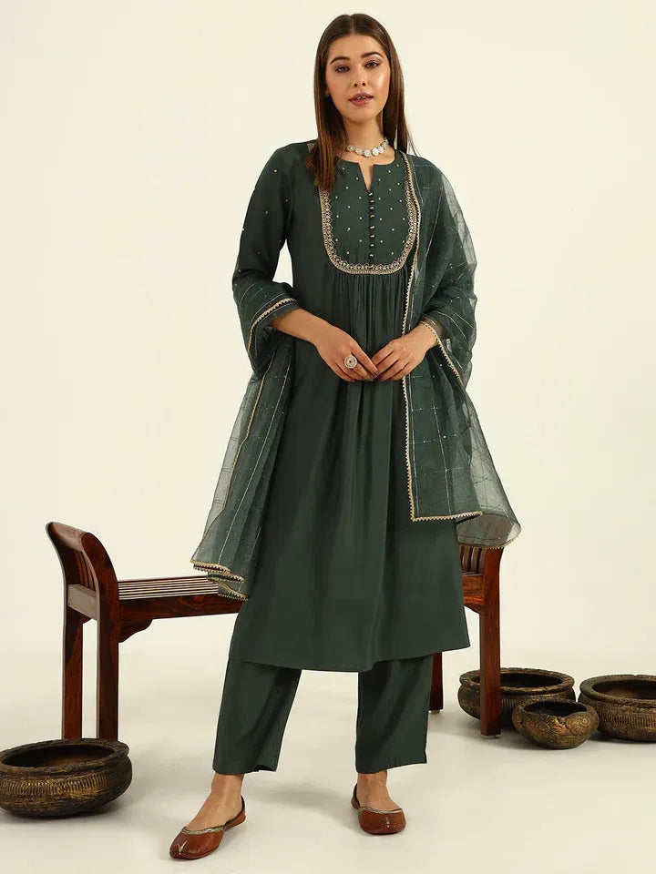 Emerald Elegance – Chanderi Kurti Ensemble
