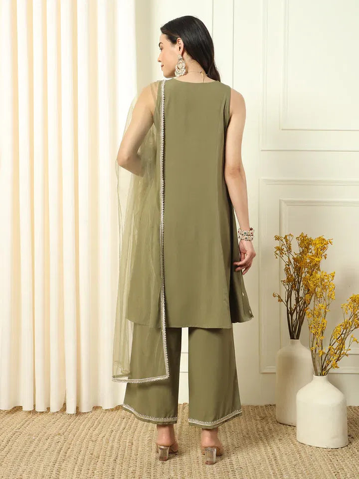 Olive Grace – Sleeveless Straight Kurta Palazzo Suit
