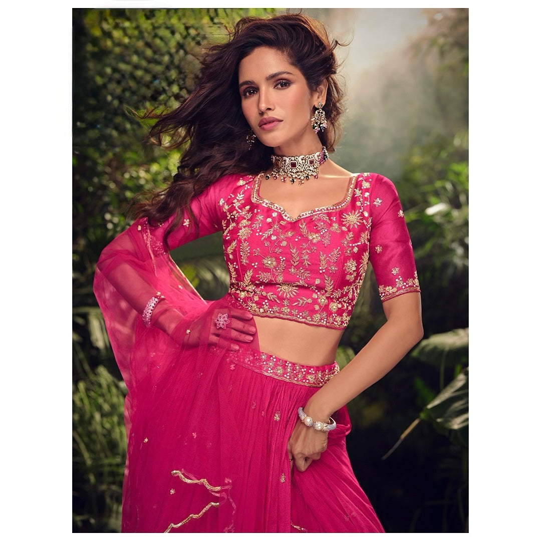 Fuchsia Bloom – Chinon Silk Embroidered Lehenga