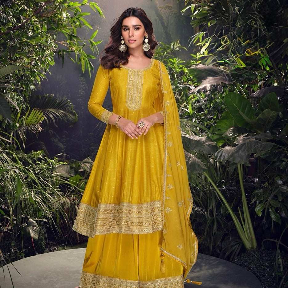 Mustard Muse - Pure Viscose Jacquard Silk Embroidered Suit