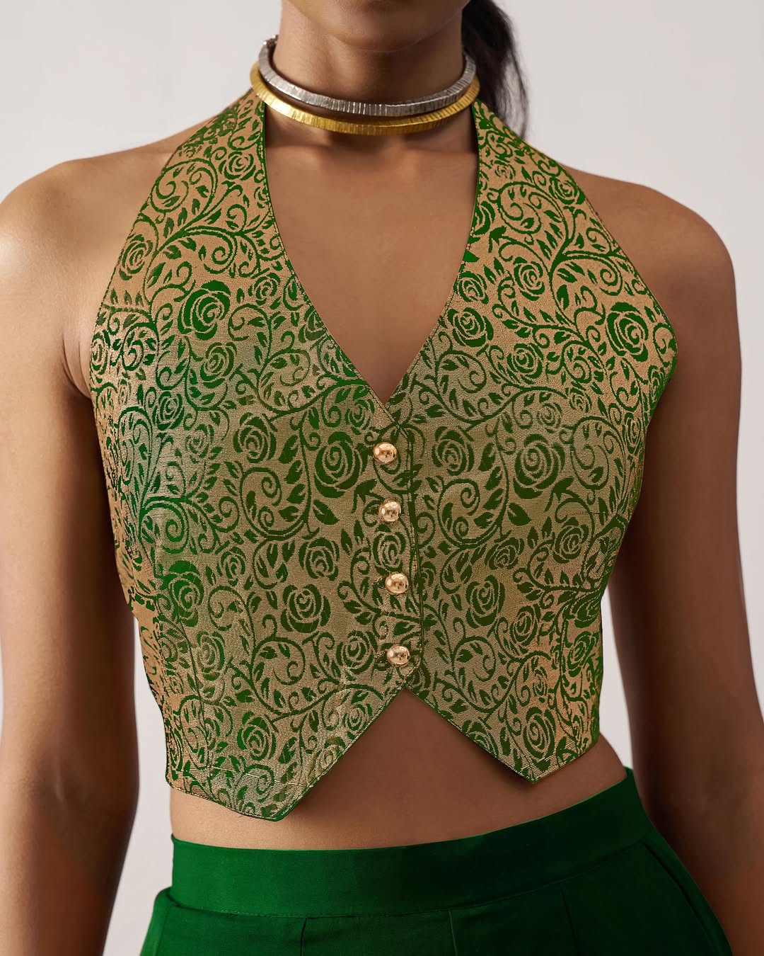 Regal Bloom - Brocade Halter Crop Top with Palazzo