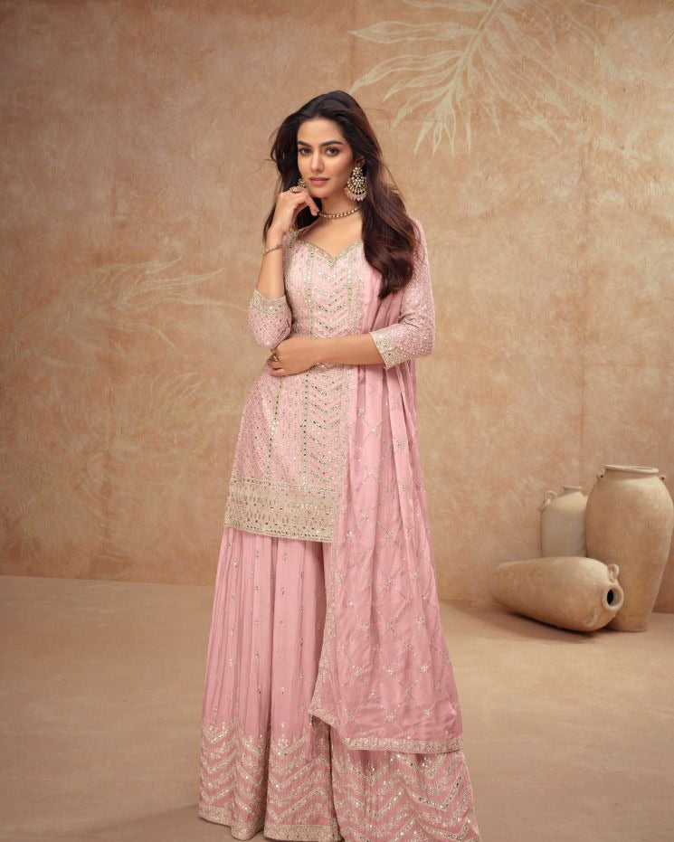 Gulnaz - Pastel Chinon Sparkle Sharara Suit