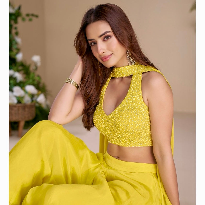 Sunshine Elegance - Hand-Embroidered Yellow Chinon Silk Palazzo Set
