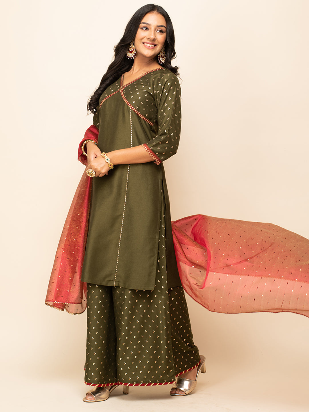 Radiant Olive Charm – Silk Blend Kurta Set with Palazzo & Crimson Organza Dupatta