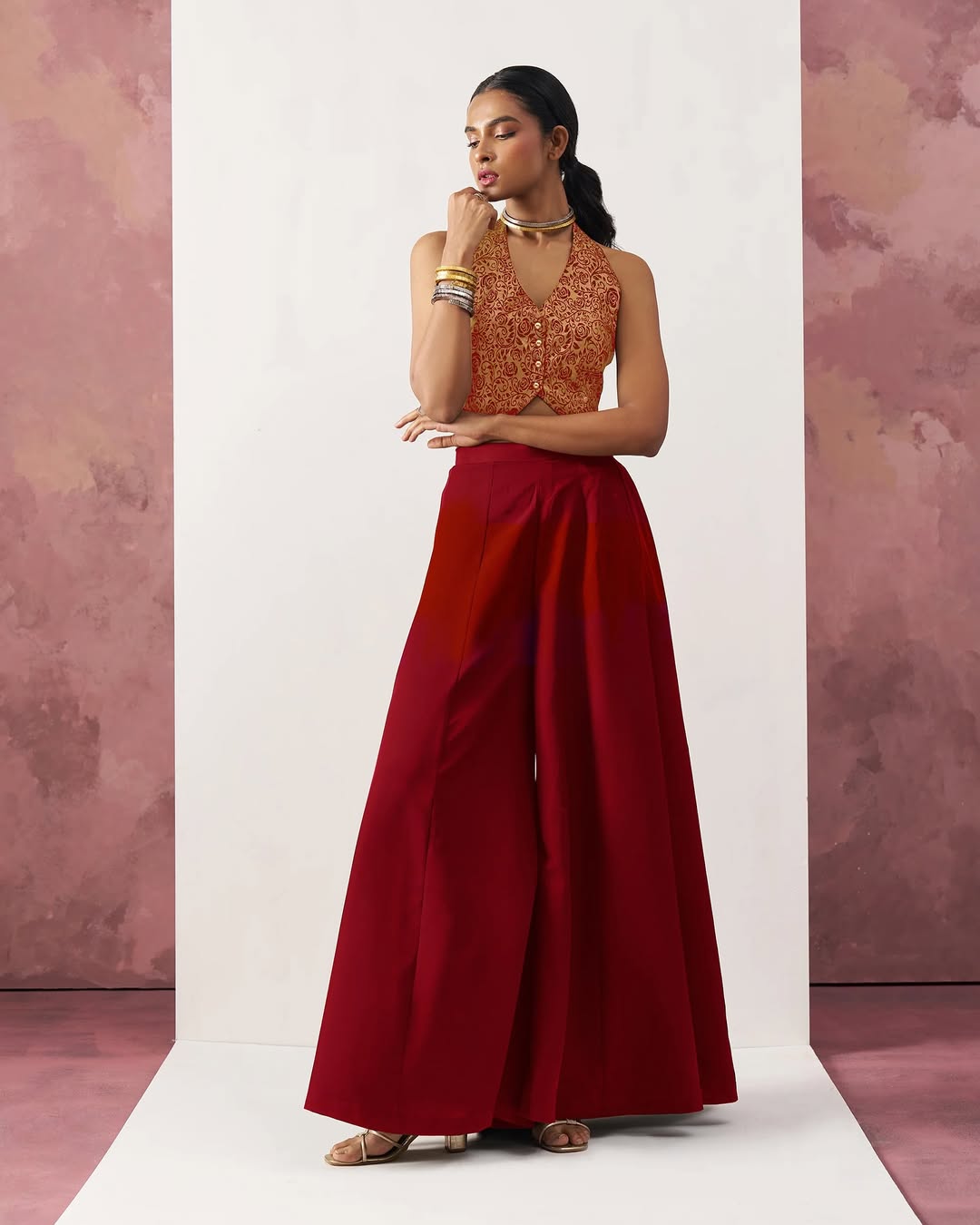 Regal Bloom - Brocade Halter Crop Top with Palazzo