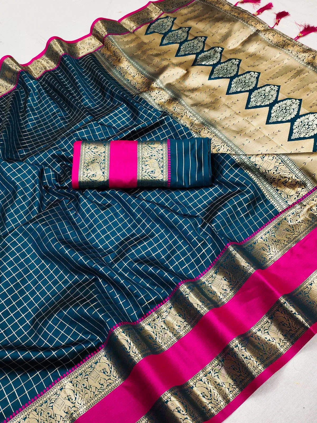 Vaanika - Luxe Soft Kanjivaram Saree with Chequered Zari and Regal Borders