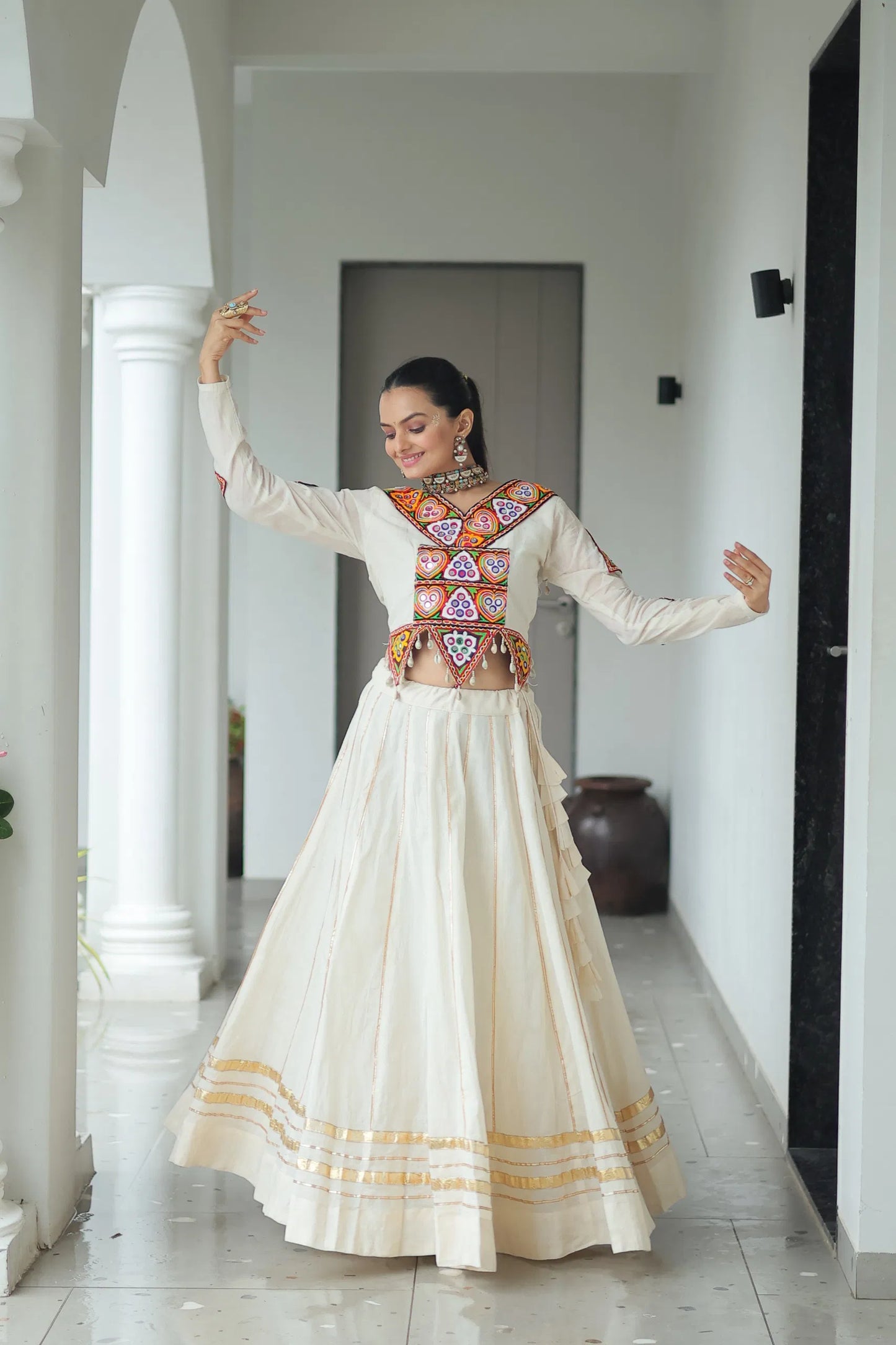 Garba Glow - Kora Cotton Kutchi Gamthi Lehenga Ensemble