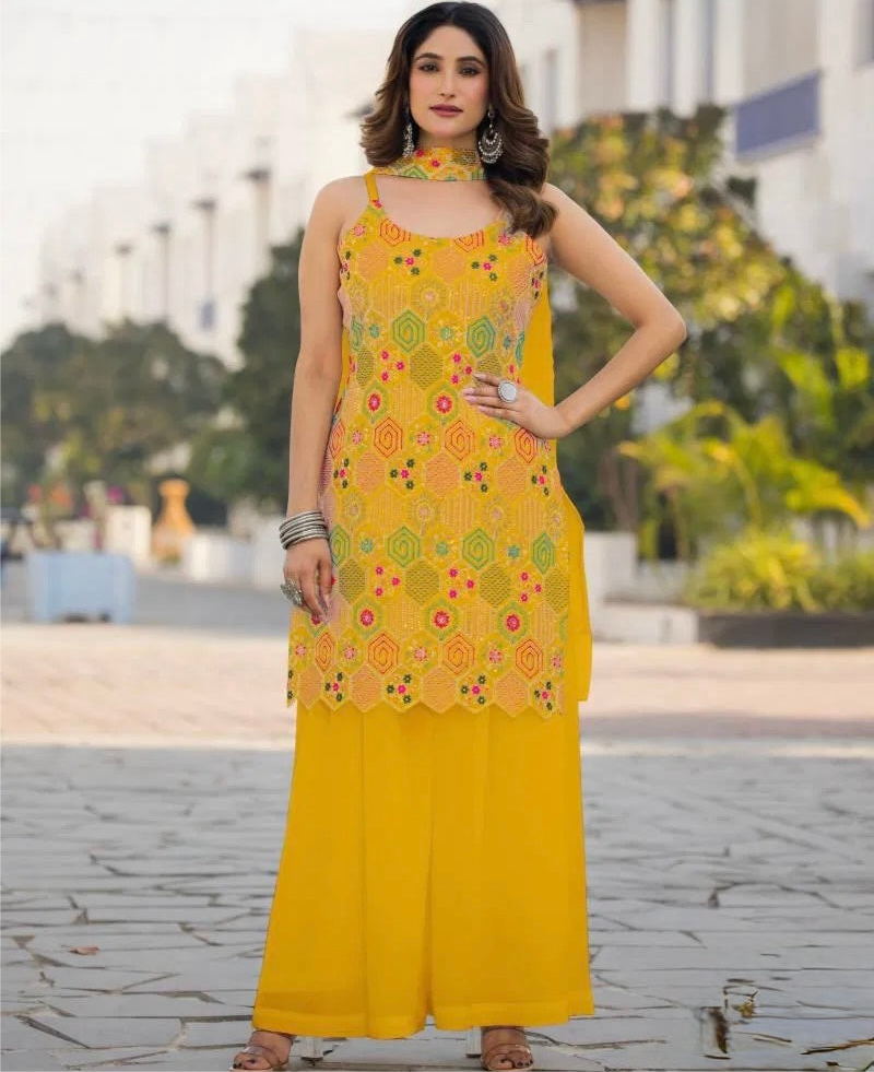 Opulent Ensemble - Embroidered Chinon Silk Suit
