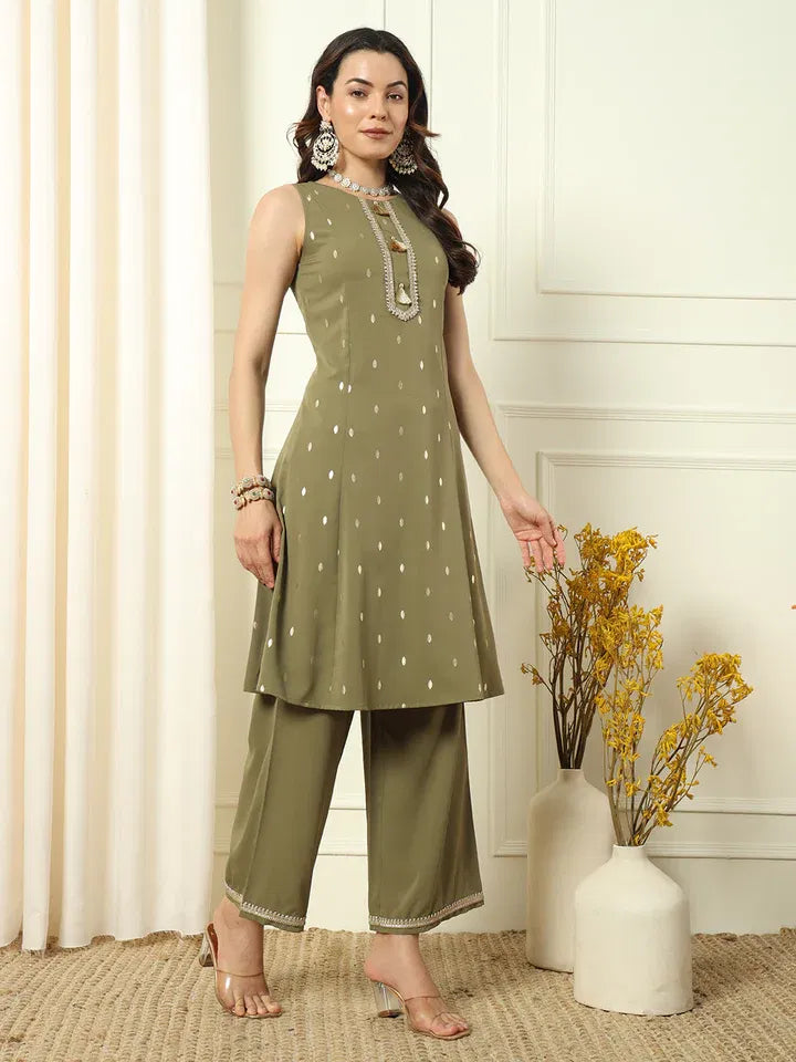 Olive Grace – Sleeveless Straight Kurta Palazzo Suit